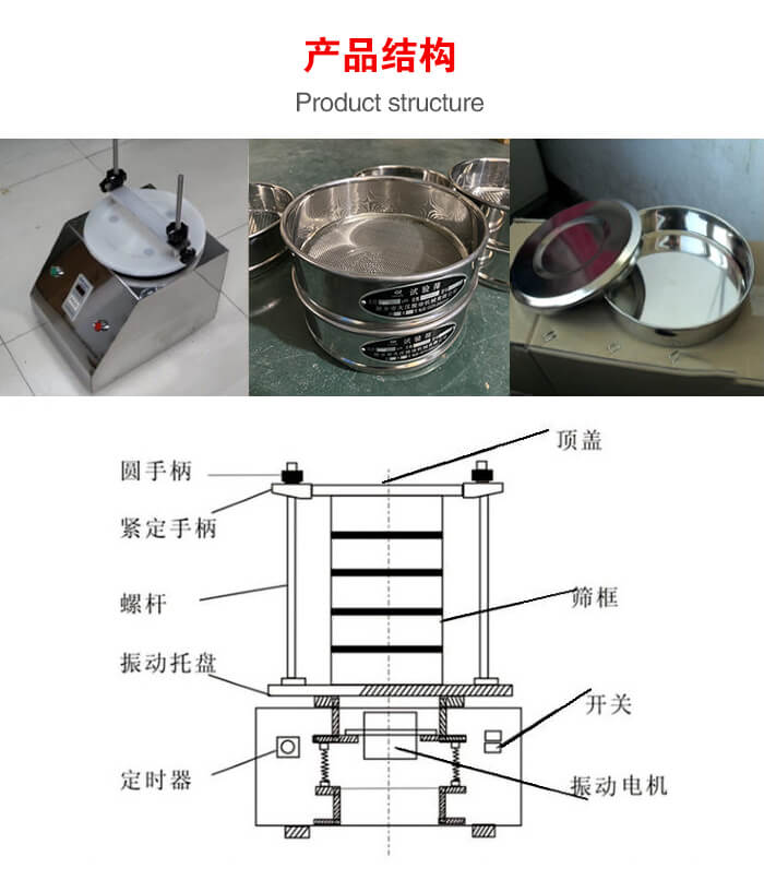 實驗室振動篩-試驗篩結構主要由：圓手柄，緊定手柄，螺桿，振動托盤，篩框，頂蓋等。